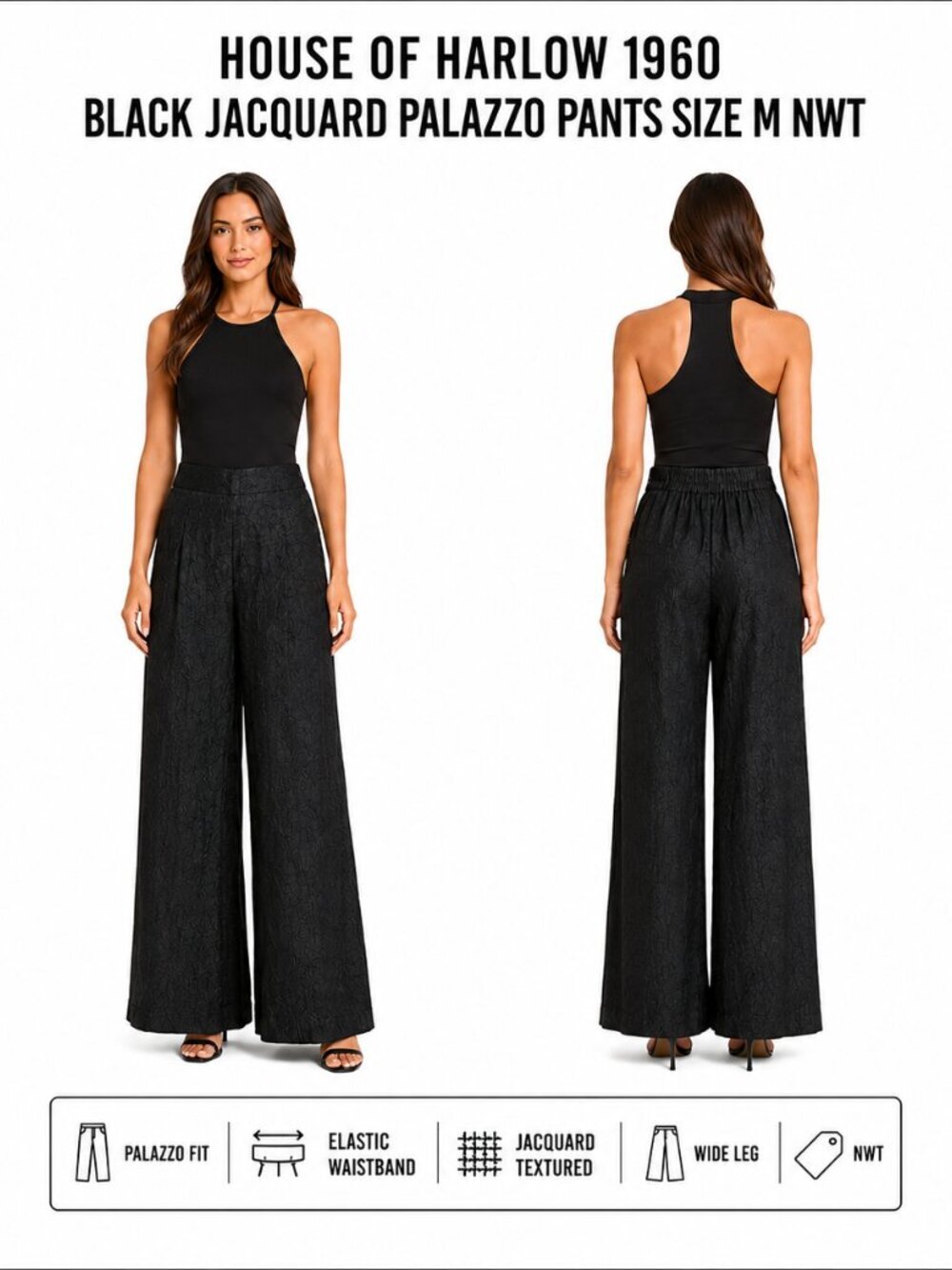 HOUSE OF HARLOW 1960 BLACK JACQUARD PALAZZO PANTS SIZE M NWT - Picture 1 of 10
